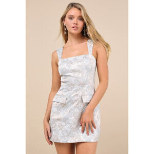 Lulus So Flawless Light Blue And Gold Jacquard Mini Dress - Size S